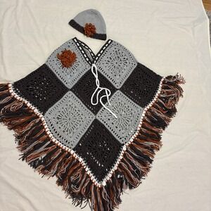 Handmade Boho Poncho Shawl  & Hat Fringe Gray Orange One Size Fits Most Fall